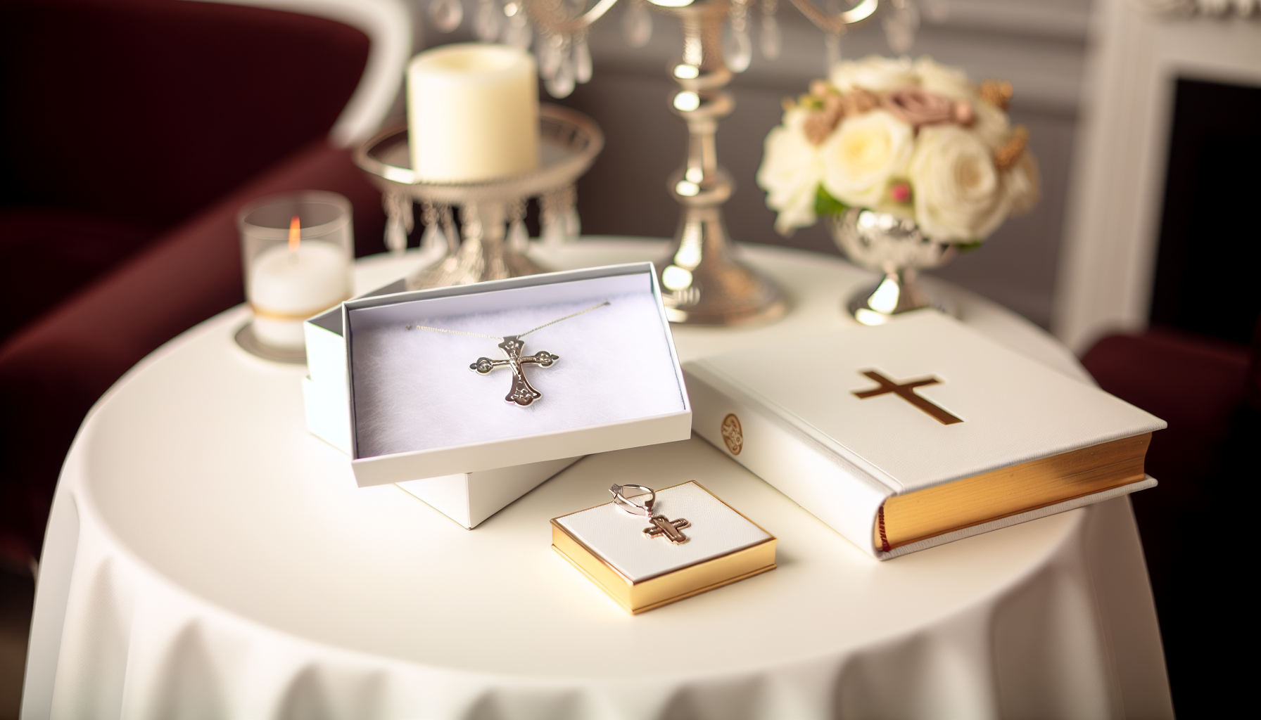 Taufgeschenke - elegante Geschenke zur Taufe auf einem weißen Tisch