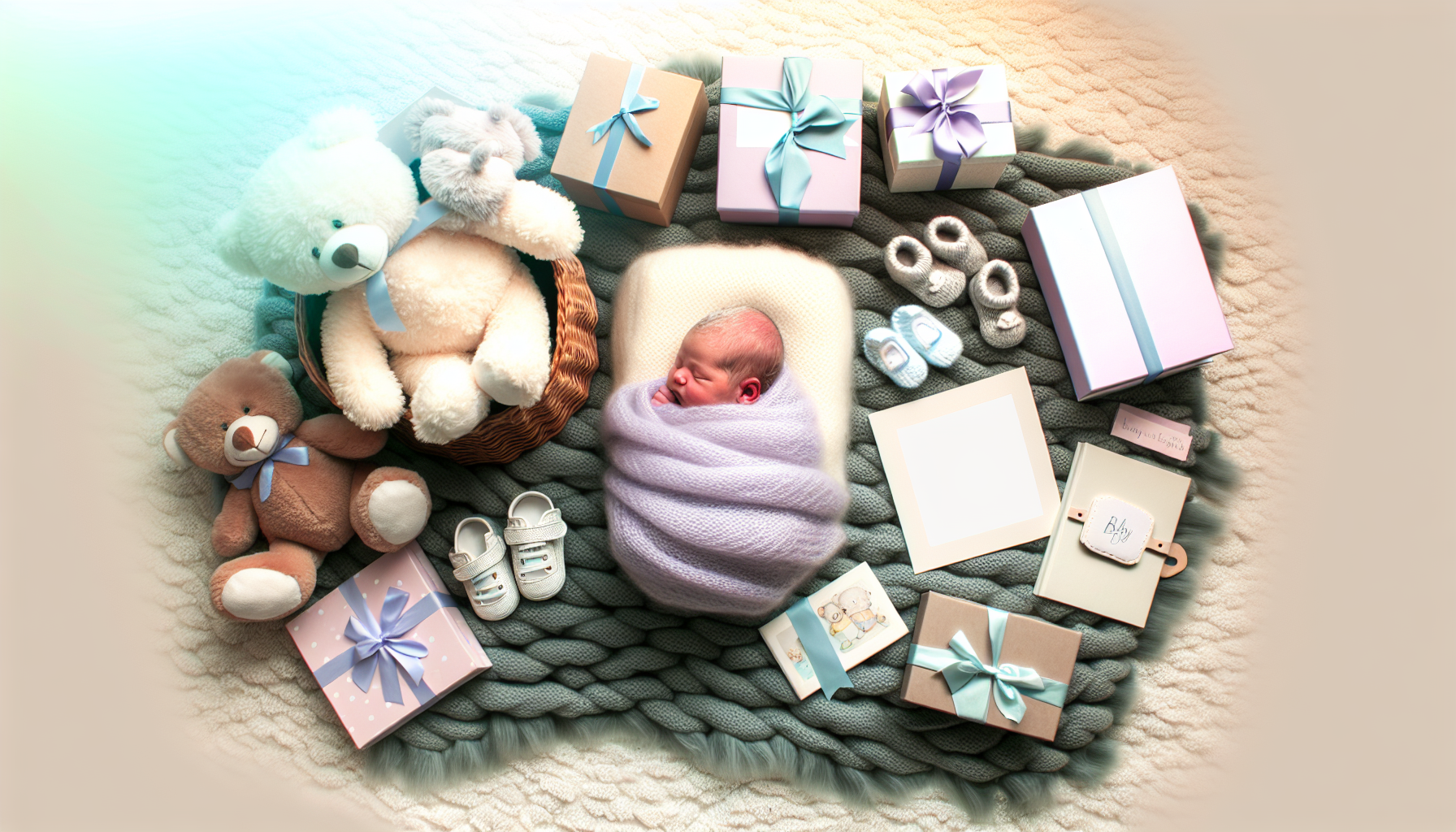 Geschenke zur Geburt - niedliche Babygeschenke auf einer Kuscheldecke